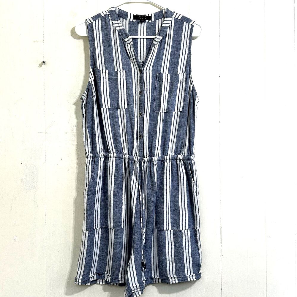 Kelly Renee Sleeveless Linen Rayon Romper Women's Size L Blue White Striped